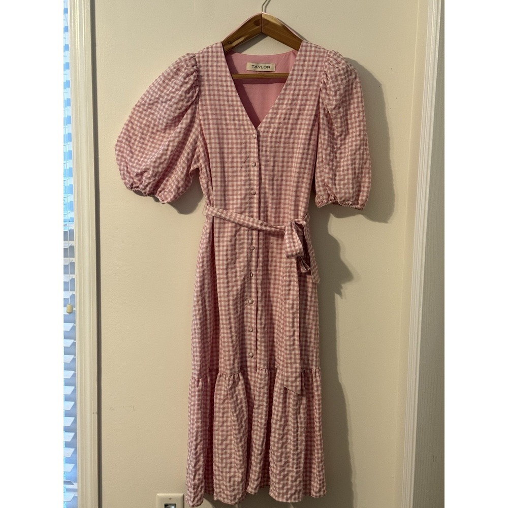 Taylor Pink Gingham Puff Sleeve Midi Dress Pockets Belt 10 Cottage Romantic Chic